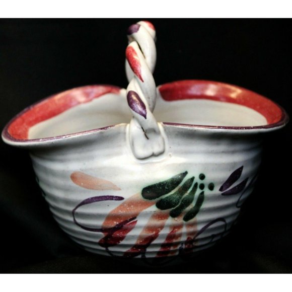 Handmade Artesian Pottery Basket Clay Painted Glazed White Purple Flower Twisted - Picture 3 of 8